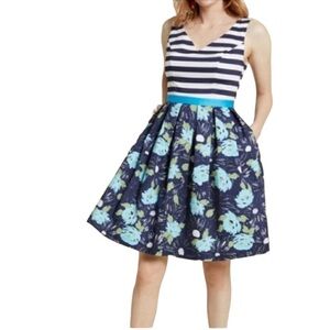 MODCLOTH Fit n Flare Striped Floral Blue Dress